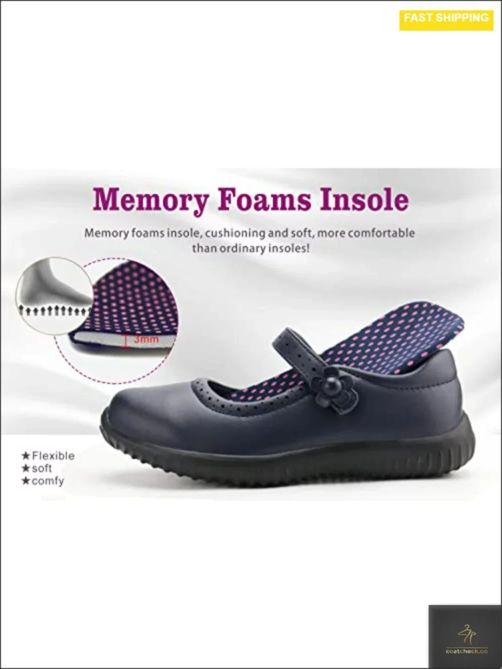 Girls Mary Jane School Uniform Shoes - Lightweight Hook & Loop, Non-Marking